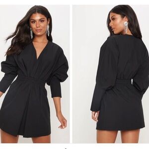 Black Plunge  Ruched Shirt Dress